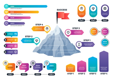 Steps to success infographics. Mountain graph with levels, achievement and mission business vector charts. Presentation graph and chart, diagram step data infographic illustrationのイラスト素材