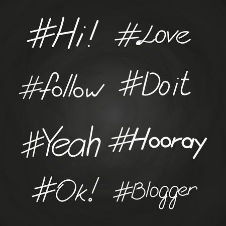 Hand written popular text hashtags on blackboard isolated. Vector illustrationのイラスト素材