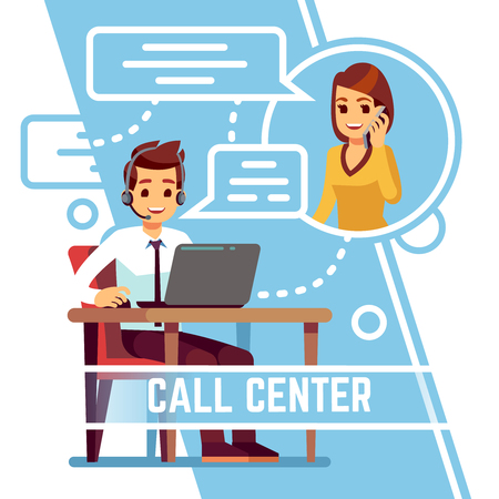 Operator man talking with happy smiling client on phone. Supporter in headset consulting customer. Cartoon vector illustrationの写真素材