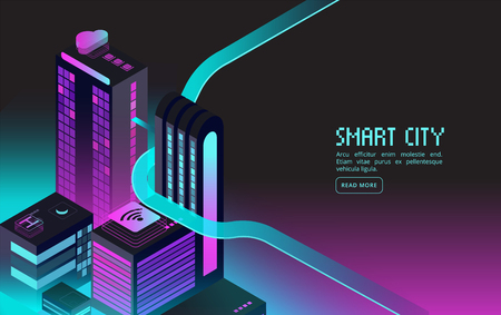 Smart building. Intelligent houses in night city. Augmented reality 3d isometric abstract futuristic vector concept. Illustration of building city house, district perspective futuristicのイラスト素材