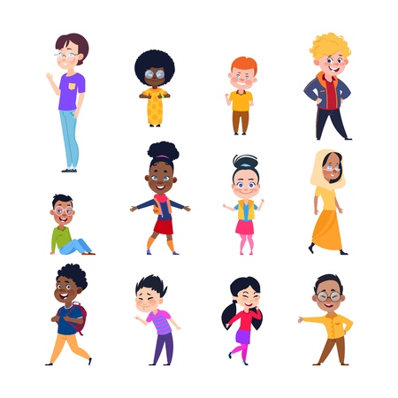 Happy kids. Cartoon european, asian and african children. Boys and girls in casual wear. Isolated vector characters. Illustration of asian and african boy girlのイラスト素材