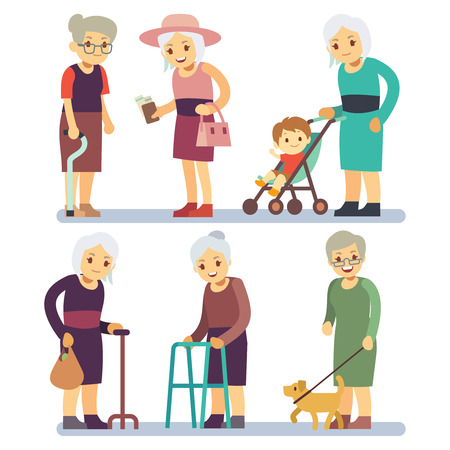 Old women cartoon character set. Senior ladies in different situation. Elderly lady female, character with dog walk, various pensioner grandmother illustrationのイラスト素材