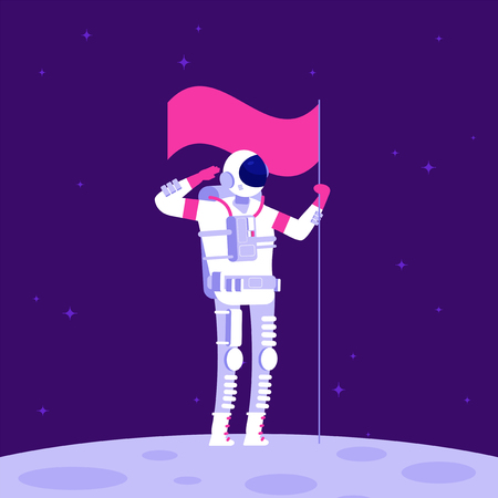 Astronaut on moon. Cosmonaut holging flag on lifeless planet in outer space. Astronautics vector backgroundの写真素材