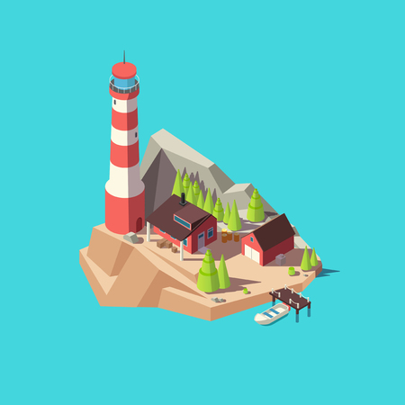 Isometric lighthouse. Island with tower and house, trees and boat at sea. 3d lighthouse tower vector illustrationの写真素材