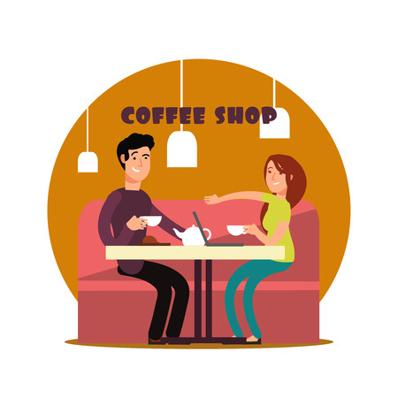Happy young couple working in coffee shop. Freelancers drinking tea with notebook in cafe vector illustrationのイラスト素材