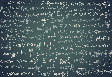 Black board with scientific formula. Algebra, mathematics and physics functions on chalkboard. School education vector background. Illustration of formula trigonometry handwritingのイラスト素材