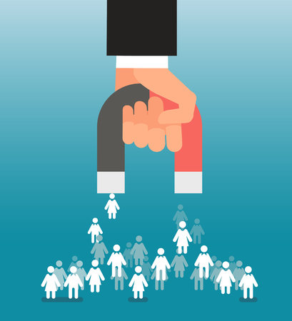 Lead generation. Magnet in hand attracts consumers. Sales and leads, marketing vector conceptのイラスト素材