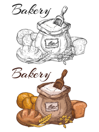 Colorful and black and white bakery emblem design. Fresh bread and meal vector isolated on whiteのイラスト素材