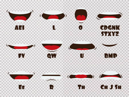 Cartoon talking mouth and lips expressions vector animations poses isolated on transparent backgroundの写真素材