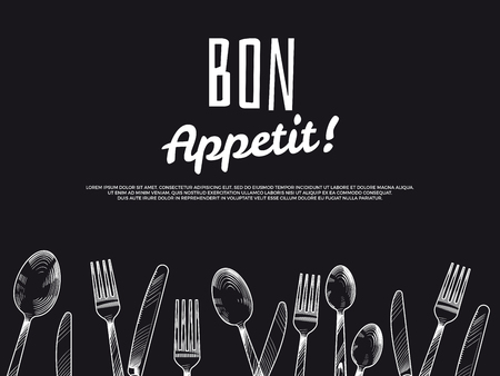 Vintage hand drawn cutlery background. Black bon appetit banner designの写真素材
