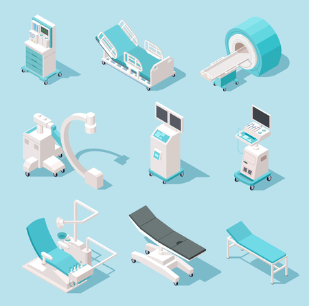 Isometric medical equipment. Hospital diagnostic tools. Health care technology 3d machines vector set. Medical equipment, x-ray and resonance device, monitor mri illustrationのイラスト素材