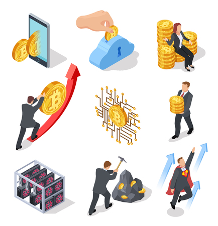 Ico and blockchain isometric icons. Bitcoin mining and cryptocurrency exchange. Vector 3d isolated on white background symbols. Illustration of isometric bitcoin blockのイラスト素材