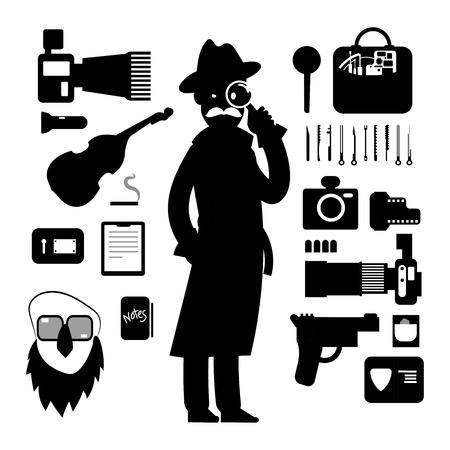 Detective icons isolated on white background. Police accessorises silhouettesの写真素材