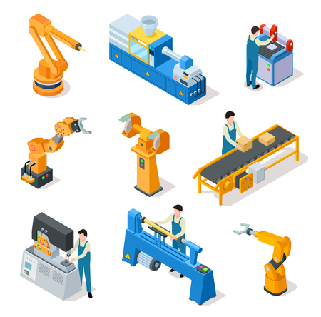 Industrial robots. Isometric machines, assembly line elemets and robotic arms with workers. 3d manufacturing technologies vector set. Robot mechanical automation, machine production illustrationのイラスト素材