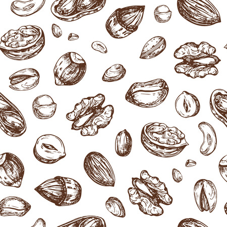 Nuts seamless pattern. Dried fruit and nut endless vector texture. Illustration of nut food seamless pattern backgroundのイラスト素材