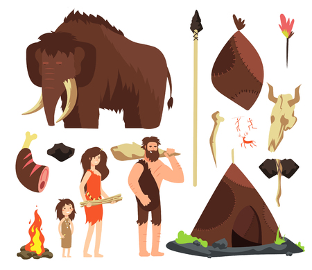 Caveman. Cartoon neolithic people characters. Prehistoric neanderthal family with animals and weapons. Isolated vector set. Mammoth and hut, neanderthal ancient people illustrationのイラスト素材