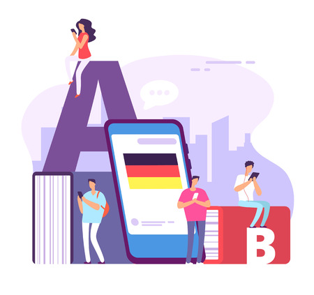 Learning foreign language. Studying and teaching languages. Education vector concept with dictionary, people and textbooks. Education with dictionary german language illustrationのイラスト素材