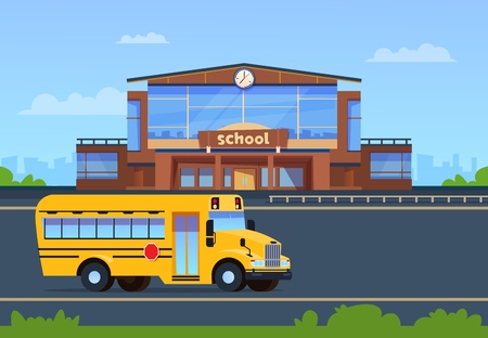 Ilustración de School building. College exterior with yellow bus. Education background. Elementary school vector concept. Vector bus college, school building illustration - Imagen libre de derechos