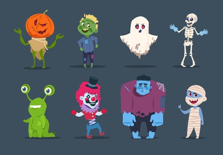 Halloween characters. Cute monsters and kids dressing in halloween costumes. Vector isolated set evil pumpkin, horror mummy and ghost illustrationのイラスト素材