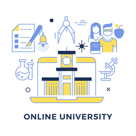 Online university flat outline vector concept isolated on white illustrationのイラスト素材