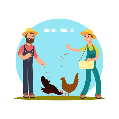 Two farmers feed animals. Cartoon character harvest vector illustration isolated on white backgroundのイラスト素材