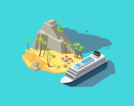 Isometric island. Paradise in ocean. 3d beach in sea. Summer holiday vector concept. Palm and beach, tropical island travel, summer paradise illustrationのイラスト素材