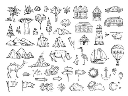 Map elements. Sketch hill and mountain, tree and bush, buildings and clouds. Vintage hand drawn vector symbols for cartography. Illustration of house and car, lighthouse and ship, animal and pointerのイラスト素材
