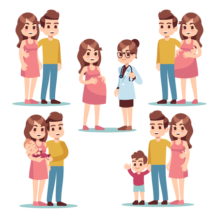 Happy pregnancy. Pregnant woman mom, man father and healthy lovely newborn baby. Young family cartoon vector characters set. Illustration of mother pregnancy, pregnant mom, father with baby motherのイラスト素材