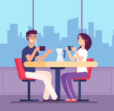 Couple drinking coffee. Flirting woman and man at table with coffe cups in cafe. Romantic date vector concept. Illustration of drink coffee in cafeのイラスト素材