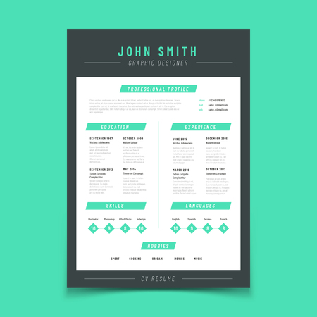 Resume letter. Personal cv sample with professional vitae and curriculum vector template. Resume form cv sample, education and skill, language and hobby illustrationのイラスト素材