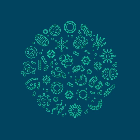Microbes, viruses, bacteria, microorganism cells and primitive organism line vector concept. Virus cell and microbe, bacteria organism, medical microscopic illustrationのイラスト素材