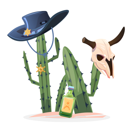 Wild west cartoon vector illustration. Cactus bull skull, drink isolated on white backgroundのイラスト素材