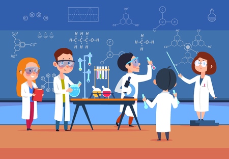 School kids in chemistry lab. Children in science laboratory make test. Cartoon pupils girls and boys in class. Vector illustration. Chemistry school lab experiment, science laboratory for educationのイラスト素材