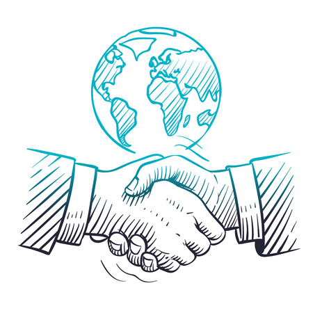 Hand drawn handshake. International business concept with handshaking and globe. Sketch global partnership leadership vector background. Illustration of respect partner and congratulatingのイラスト素材