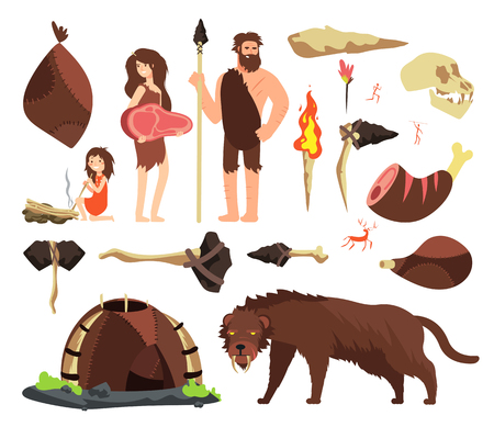 Stone age caveman. Hunting neolithic people, mammoth and prehistoric tools. Vector cartoon ancient human characters. Caveman family and hammer, ax tools illustrationのイラスト素材