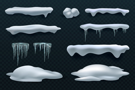 Snow caps and icicles. Snowball and snowdrift vector winter decorations isolated. Frost ice and snow white, frozen snowball effect design illustrationの写真素材