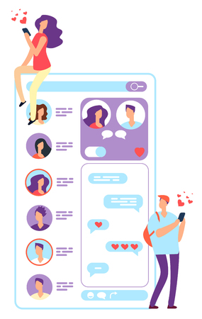 Woman and man online dating. Couple chatting with phone or website application. Romantic meeting and love relationships vector concept. Couple love, relationship dating online illustrationのイラスト素材