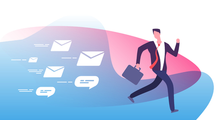 Escape plenty notifications. Frightened busy businessman run away from clients feedback emails. Email pursuit man vector concept. Many notification message, bubble note spam illustrationのイラスト素材