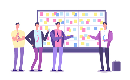 Scrum planning board. Employees planning work at taskboard. Business process leaning and meeting vector concept. Team work meeting, process methodology teamwork illustrationのイラスト素材