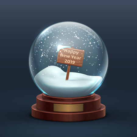 Snow globe. Christmas holiday glass snowglobe with wooden sign and happy new year text. Isolated vector illustration. Snowglobe and sphere ball with snowflakeのイラスト素材