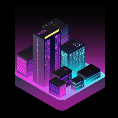 Isometric future city. Industrial office buildings in aerial view. Real estatet and virtual reality vector concept. Illustration of city isometric, office building 3dのイラスト素材
