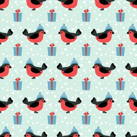 Winter holidays seamless pattern with cartoon bullfinch in hat and gift box background illustration vectorの写真素材