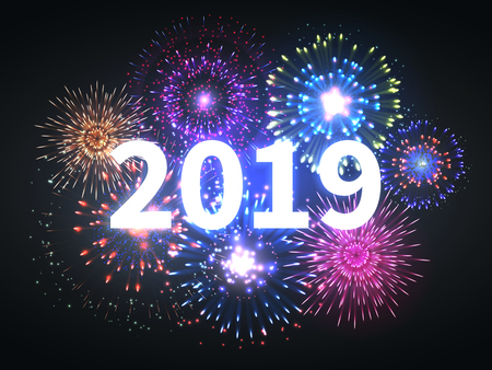 Fireworks explosion. Happy new year 2019 event banner. Pyrotechnics sparks. Festive firework celebration vector background. New year holiday, celebration firework, celebrate party with pyrotechnicsの写真素材