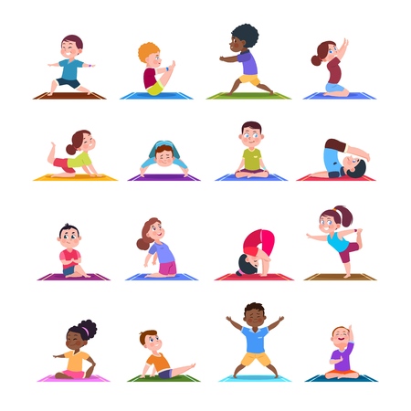 Children in yoga poses. Cartoon fitness kids in yoga asana. Vector characters isolated set. Illustration of fitness sport yoga pose for childのイラスト素材