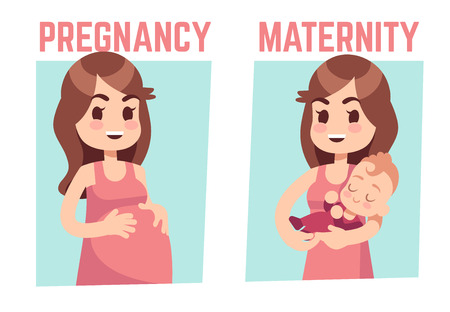 Pregnancy and maternity concept. Young pregnant woman and happy mother with newborn baby. Vector illustration mother with baby, motherhood conceptのイラスト素材