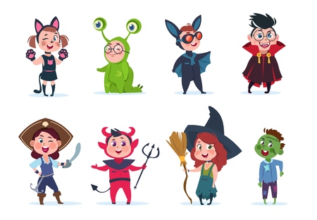 Kids halloween costumes. Cartoon cute baby at halloween party. Festival cartoon vector characters costume for child, witch and monster, pirate and dracula illustraionのイラスト素材