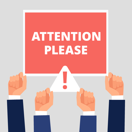 Attention please banner on hands. Alert announcement, attention vector concept illustrationのイラスト素材
