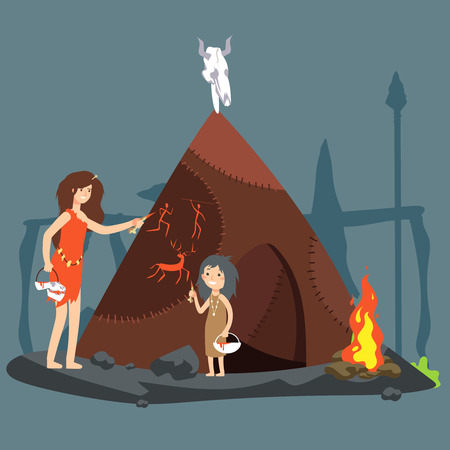 Stone age vector illustration. Cartoon neolithic woman and girl drawing on the woolの写真素材