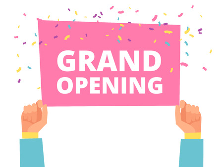 Hands hold Grand Opening info banner with colorful conffetti vector template illustrationの写真素材