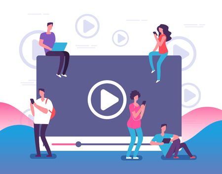 People watching online video. Digital internet television, web videos player or social media live stream vector concept illustration. Online video stream, play and watching movieのイラスト素材